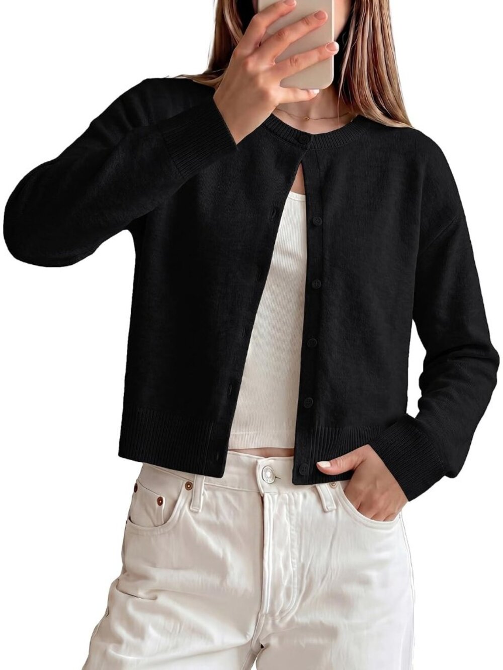 🆕Women's Black Cropped Knit Cardigan Sweater Crew Neck Button Front Jacket